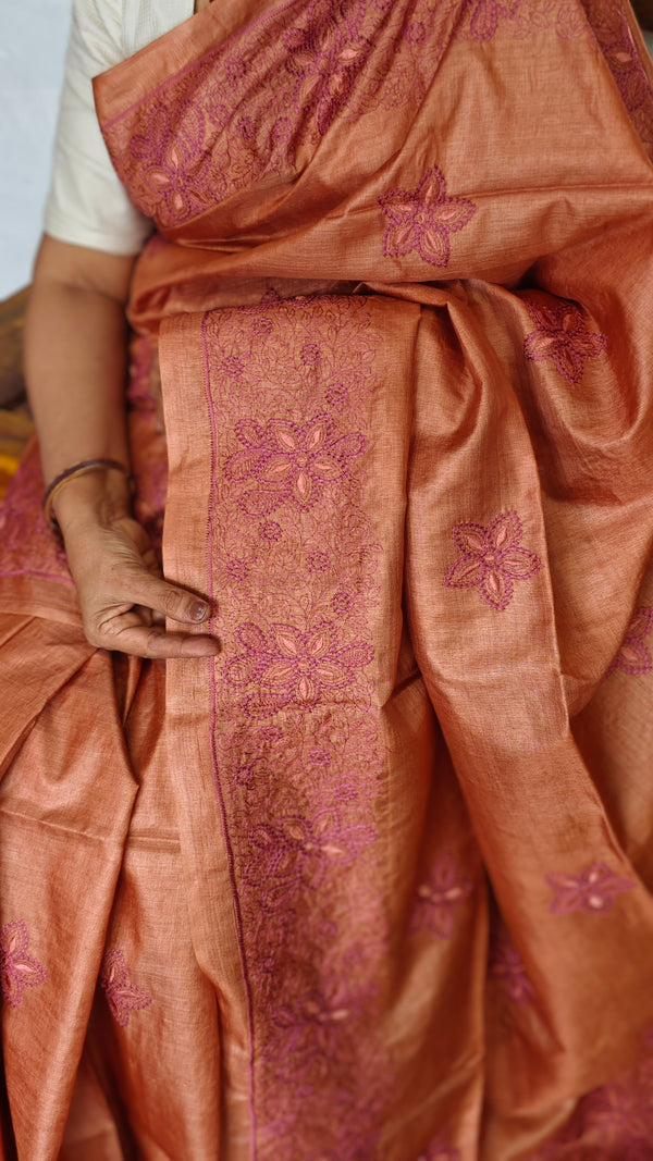Rust Shade Pure Tussar Silk Embroidered Saree - XLN4