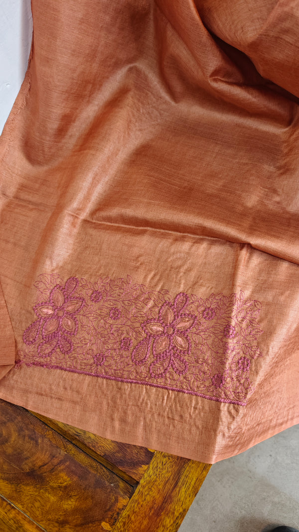 Rust Shade Pure Tussar Silk Embroidered Saree - XLN4
