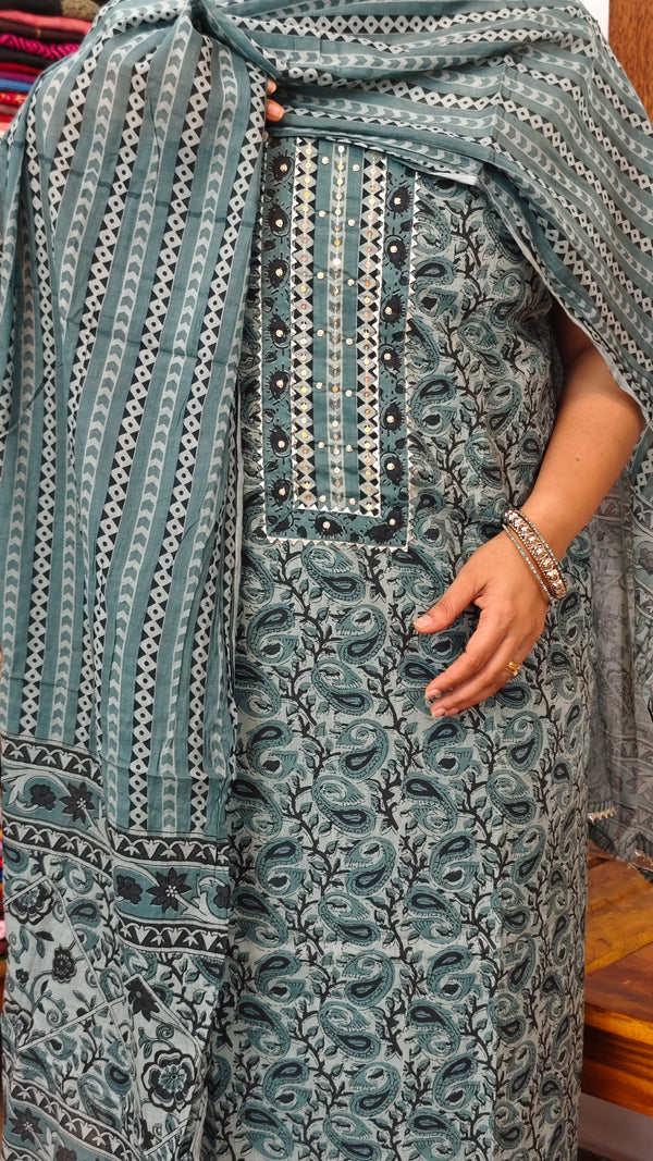 Dark Teal Printed Cotton Suit