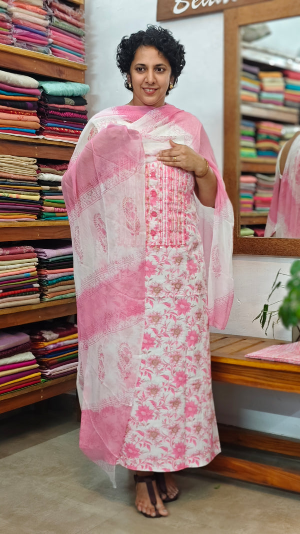 Pink and White Cotton Suit with Chiffon Dupatta