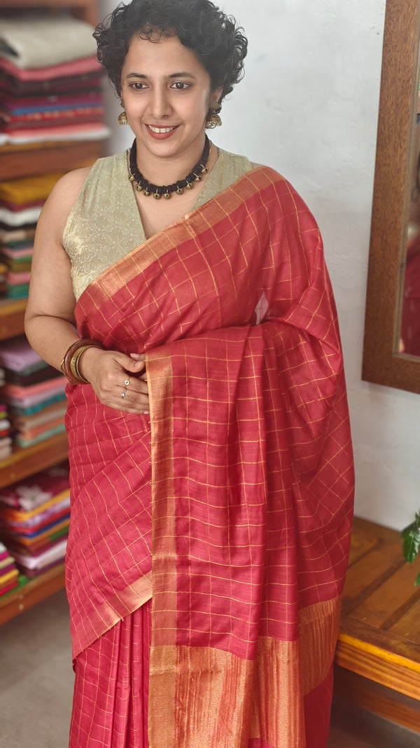Red checked bagalpuri silk saree - BPR3