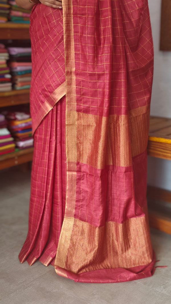 Red checked bagalpuri silk saree - BPR3