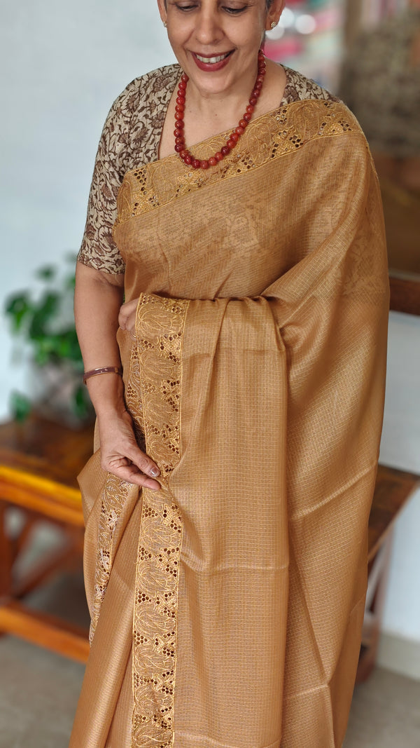 Mustard Brown Kota Saree with Cutwork - 409M