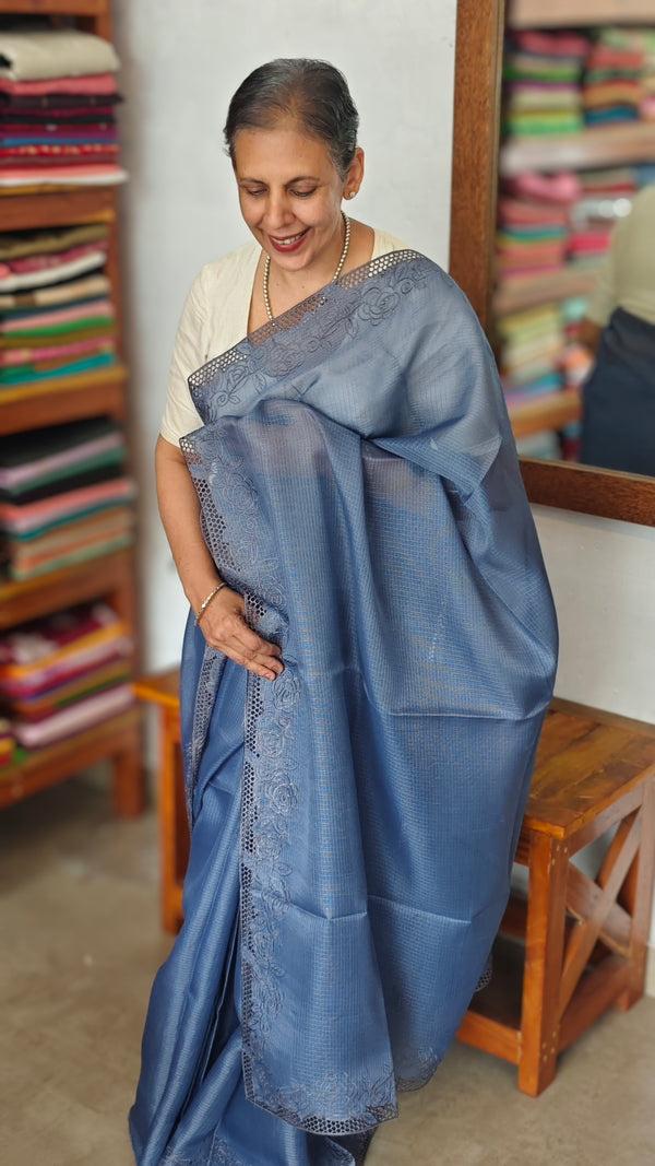 Agean Blue Net Kota Saree with Cutwork - 409M - 2