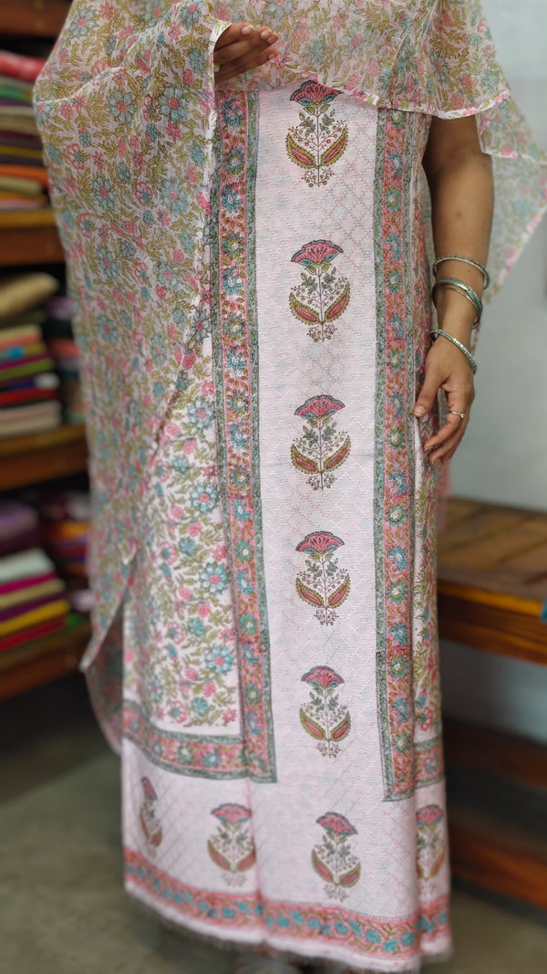 Light Pink Block Printed Chanderi Suit with Kota Doria Dupatta