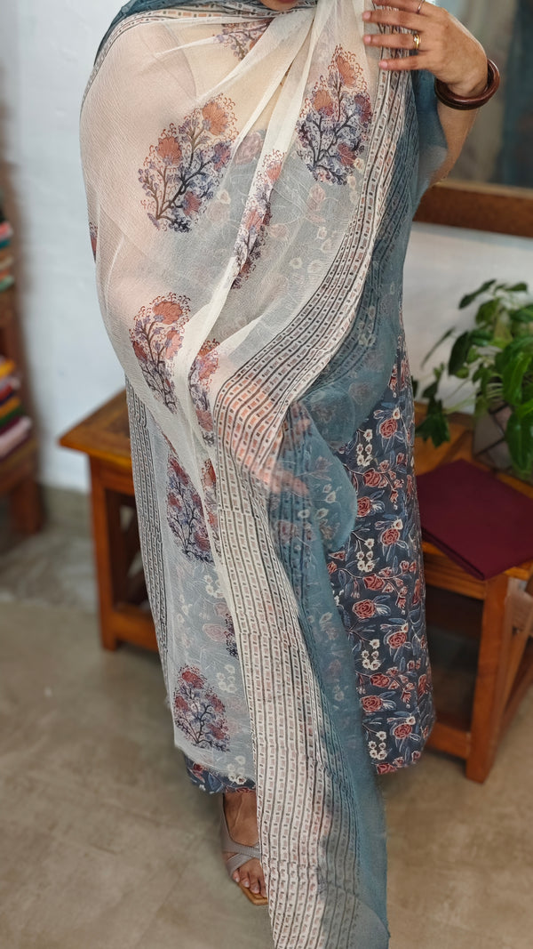 Blue Printed Cotton Suit with Chiffon Dupatta