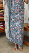 Blue Printed Cotton Suit with Chiffon Dupatta