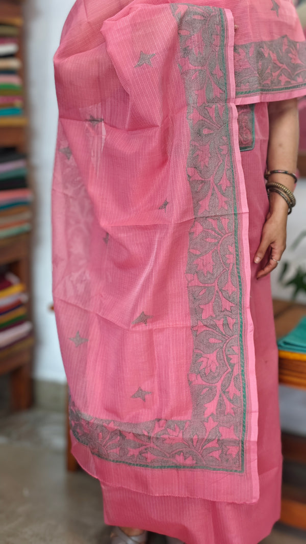 Peach and Teal Moonga Kota Suit with Kantha Embroidery