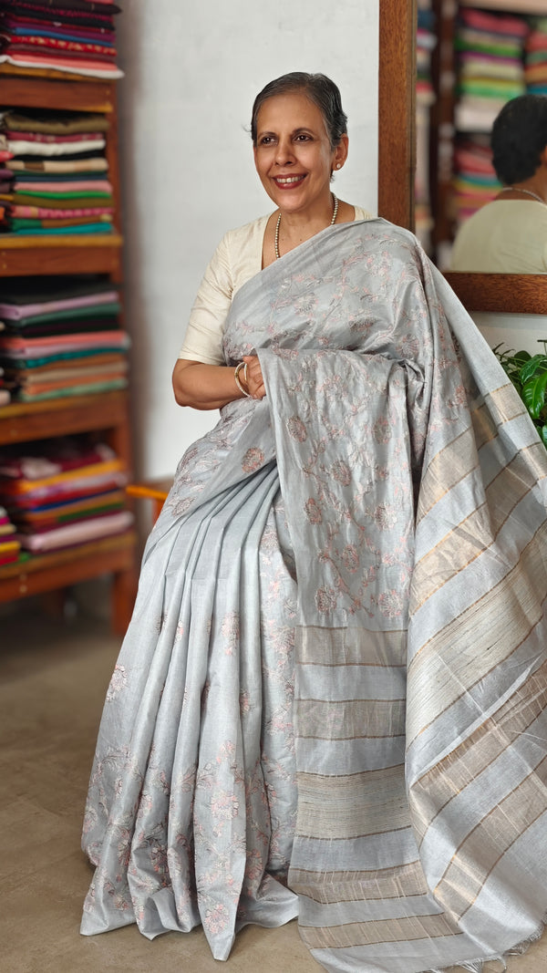 Cloud Grey Multi Thread Embroidered Tussar Silk Saree - H149