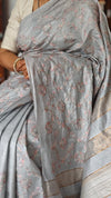 Cloud Grey Multi Thread Embroidered Tussar Silk Saree - H149