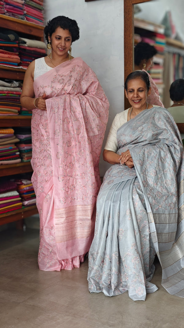 Baby Pink Multi Thread Embroidered Tussar Silk Saree - H149