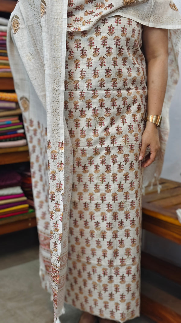 Mustard and Pink Block printed Bhagalpuri Linen Suit