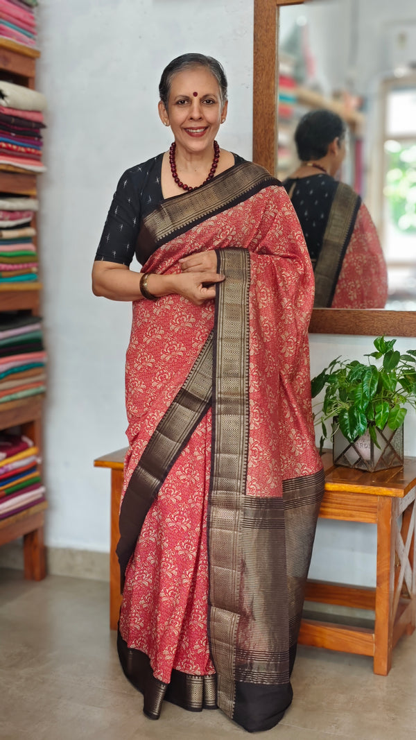 Red and Black Chanderi Banarasi Saree