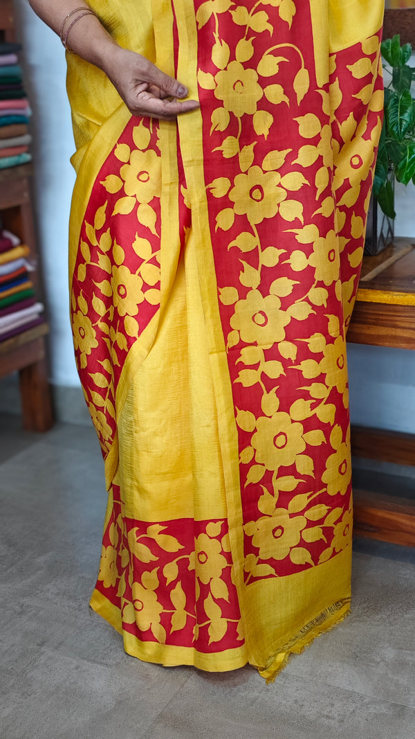 Yellow and Red Painted Tussar Silk Saree