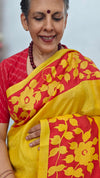 Yellow and Red Painted Tussar Silk Saree