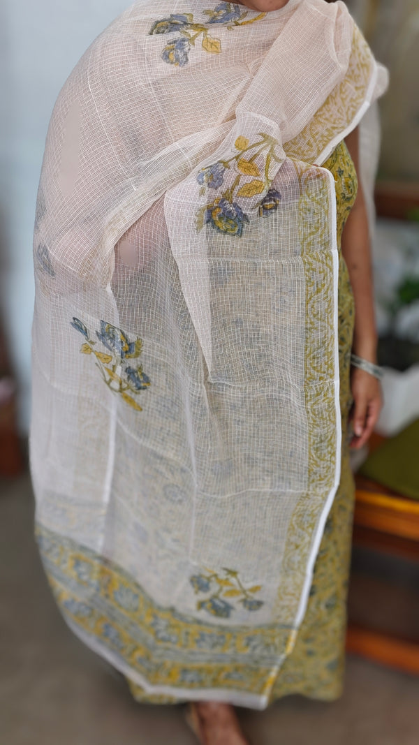 Green and Off White Block Printed Kota Doria Suit - GD331