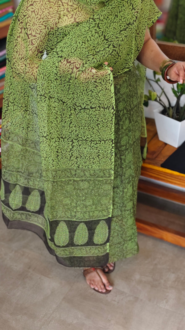 Green and Black Block Printed Kota Doria Suit - GD331