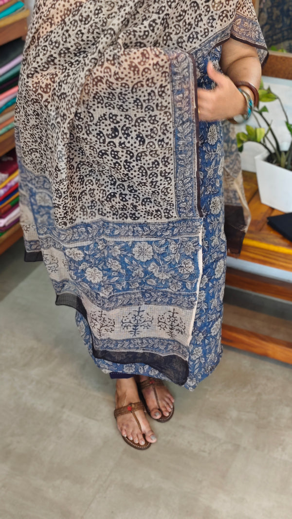 Blue, Beige and Black Block Printed Kota Doria Suit - GD331