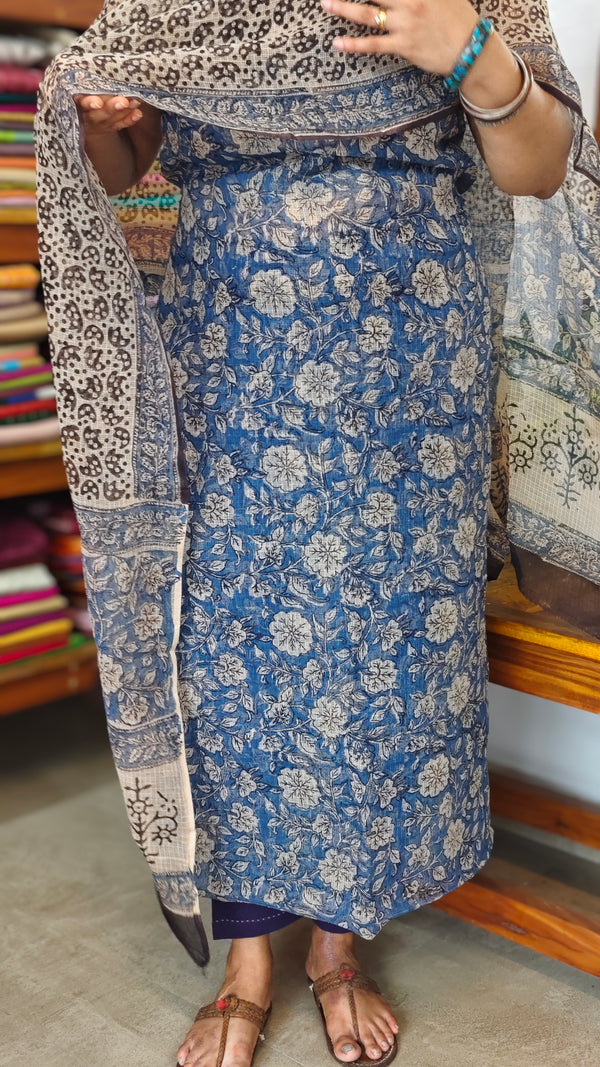 Blue, Beige and Black Block Printed Kota Doria Suit - GD331
