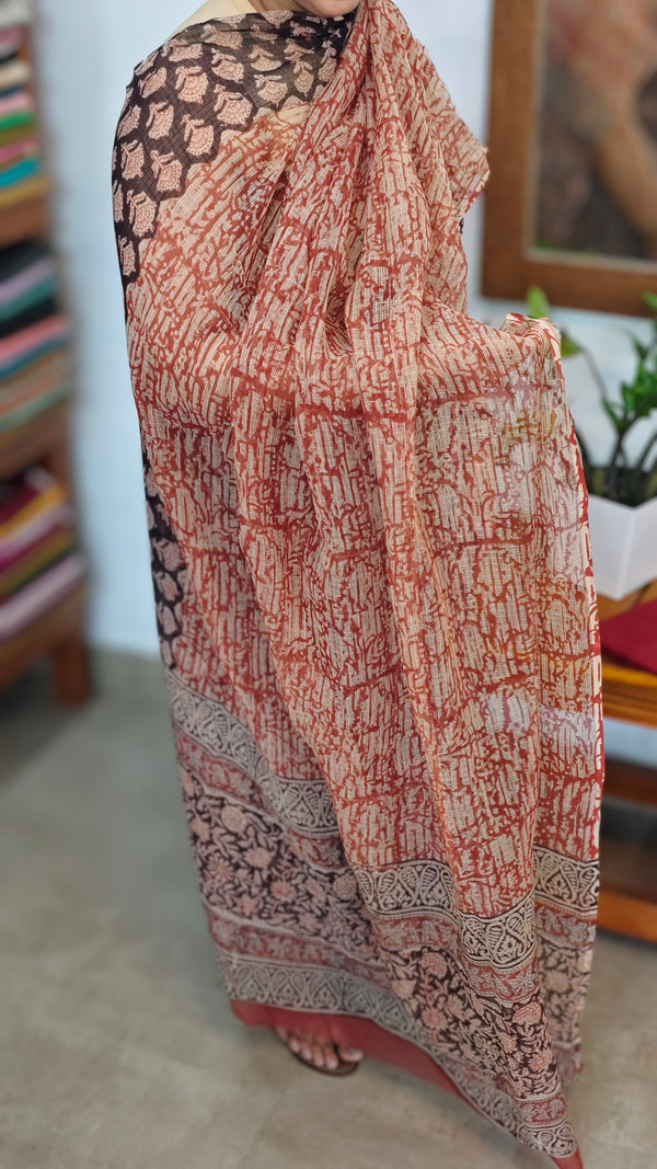 Black and Brick Red Block Printed Kota Doria Suit - GD331