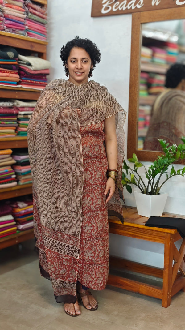 Brick Red and Beige Block Printed Kota Doria Suit - GD331