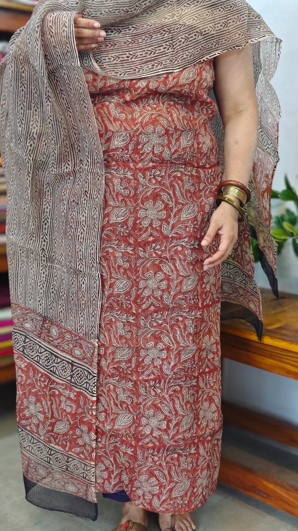 Brick Red and Beige Block Printed Kota Doria Suit - GD331