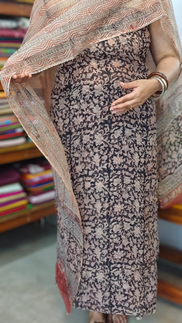 Black, Beige and Brick Red Block Printed Kota Doria Suit - GD331