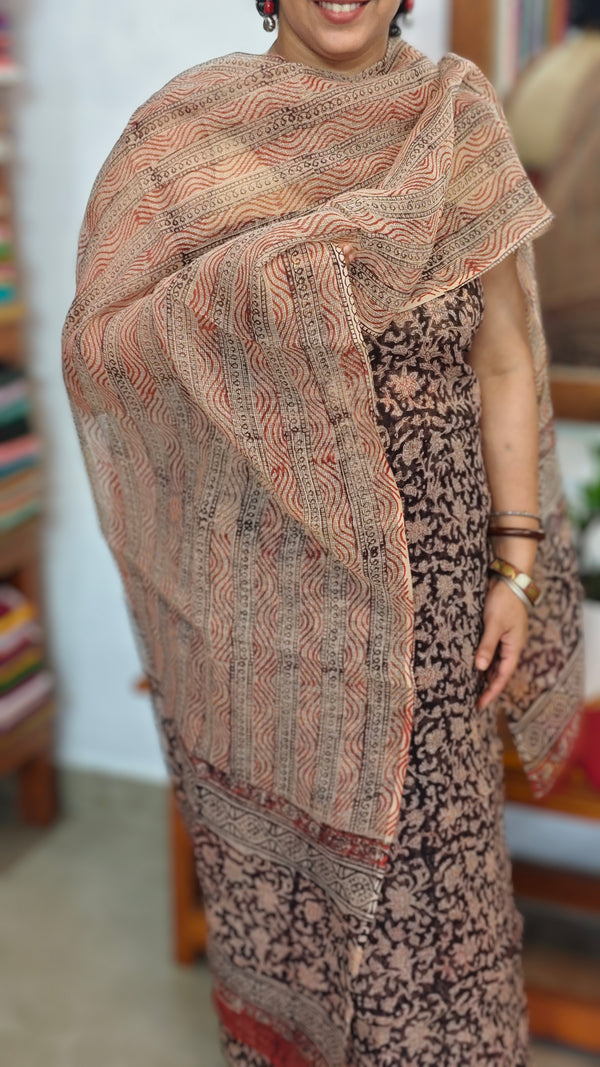 Black, Beige and Brick Red Block Printed Kota Doria Suit - GD331