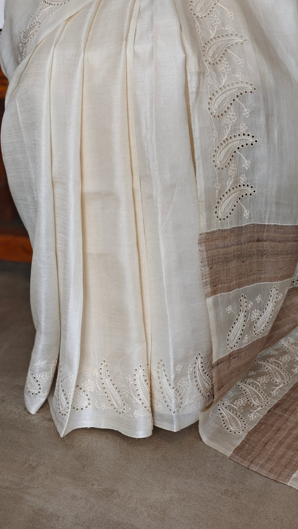 Off White Tussar Silk Saree with Cutwork Borders