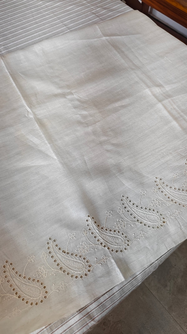 Off White Tussar Silk Saree with Cutwork Borders