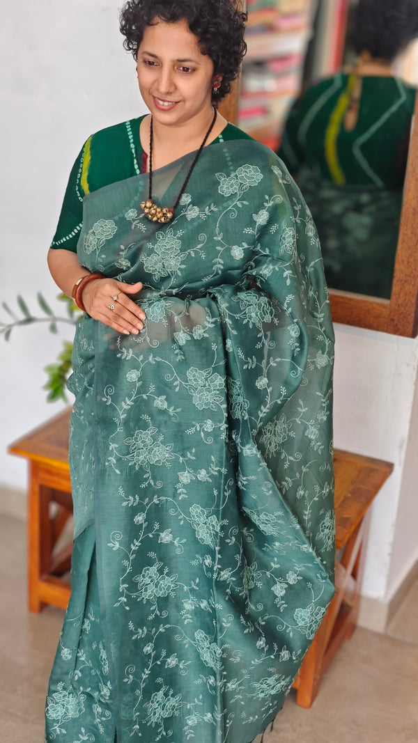 Dark Green Tissue Linen Saree with Embroidery - 4J12