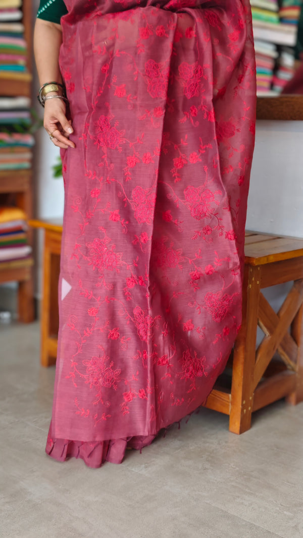 Maroon Tissue Linen Saree with Embroidery - 4J12