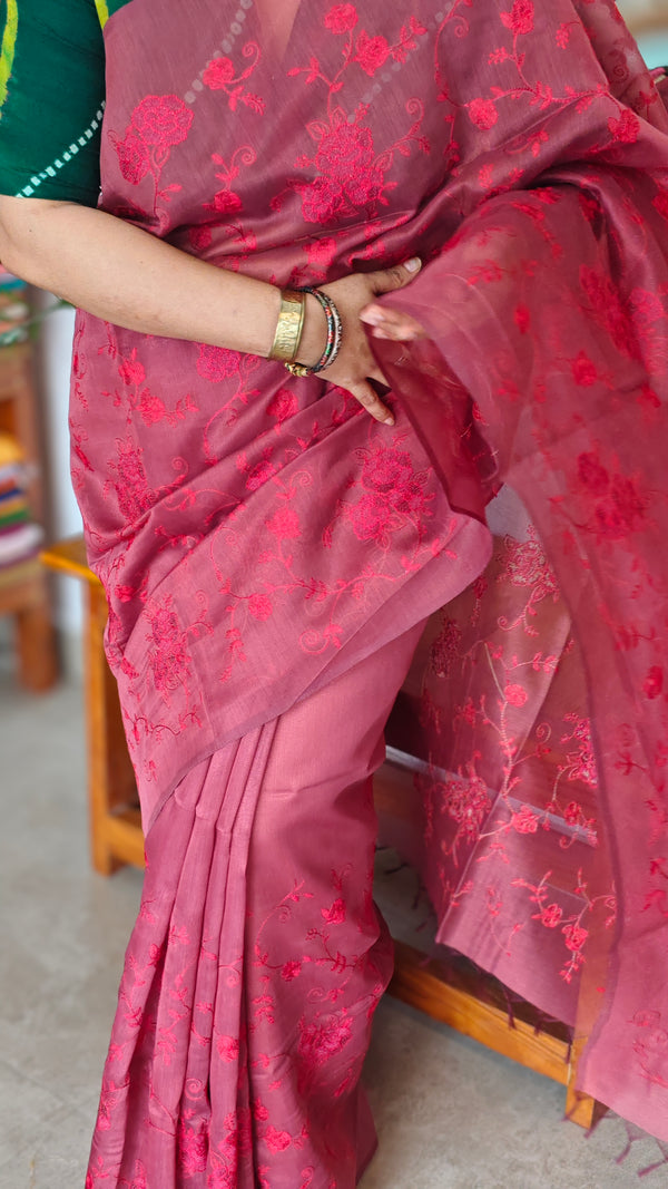 Maroon Tissue Linen Saree with Embroidery - 4J12