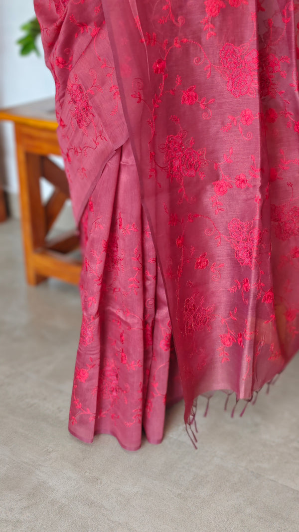Maroon Tissue Linen Saree with Embroidery - 4J12