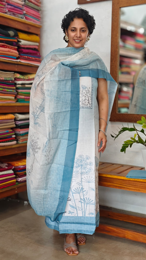Cream and Blue Printed Linen Suit