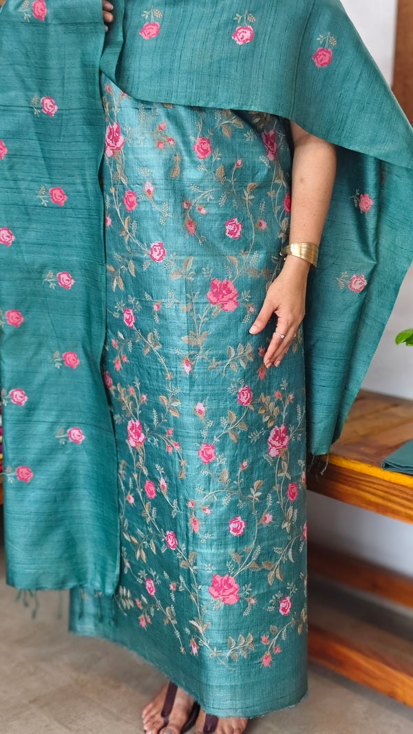 Dark Teal Desi Tussar Silk Suit