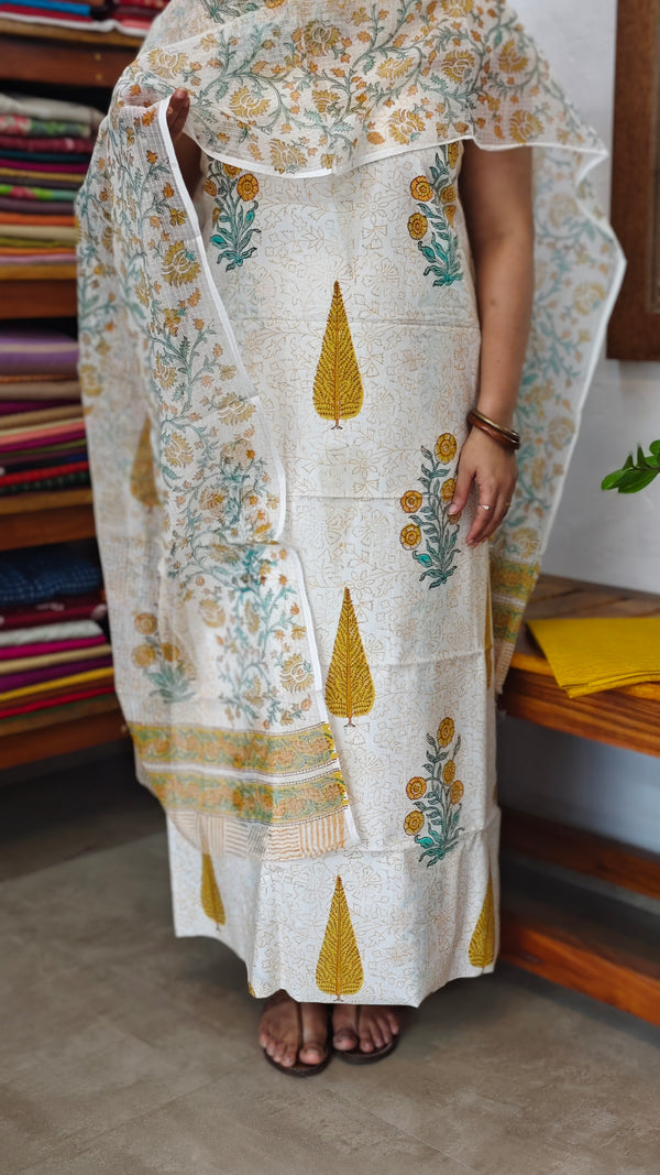 Off White Block Printed Cotton Suit with Kota Doria Dupatta