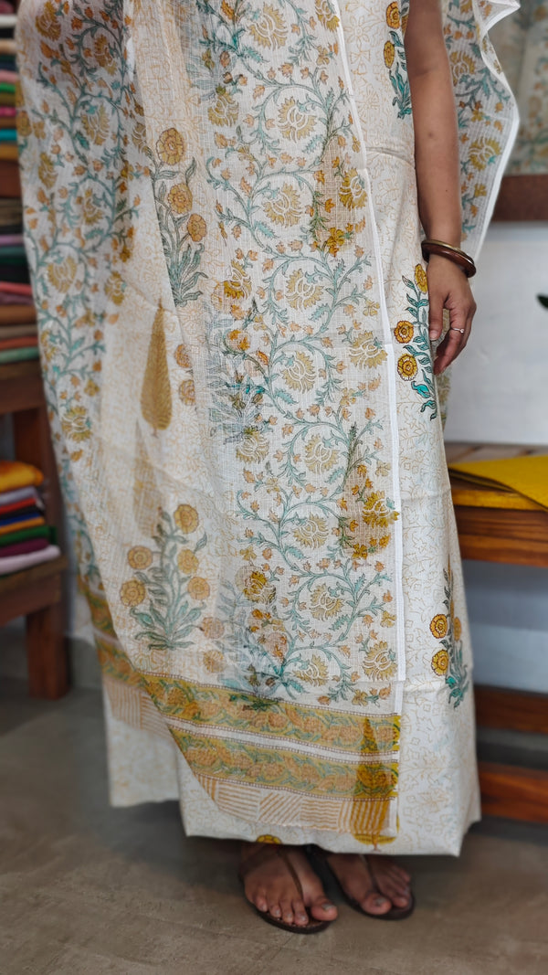 Off White Block Printed Cotton Suit with Kota Doria Dupatta