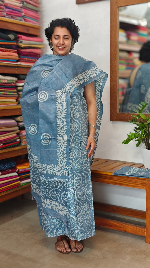 Steel Blue Batik Printed Slub Cotton Suit