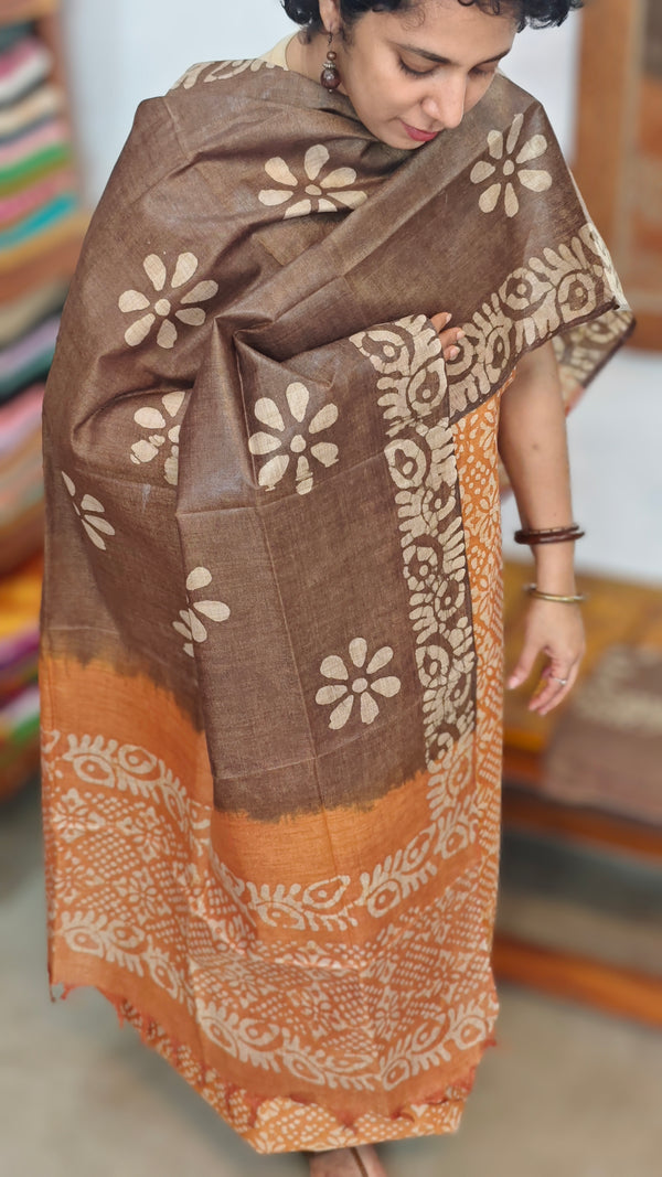 Mustard and brown Batik Printed Slub Cotton Suit - S