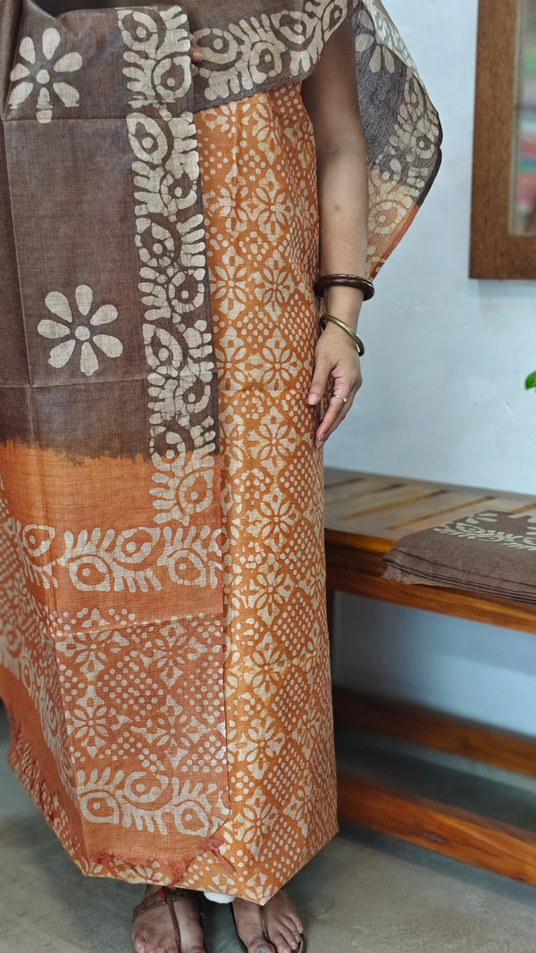 Mustard and brown Batik Printed Slub Cotton Suit - S