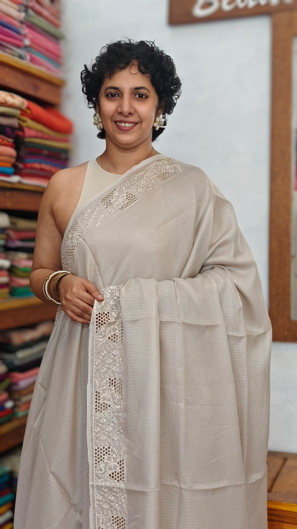 Greige Net Kota Saree with Cutwork -409M