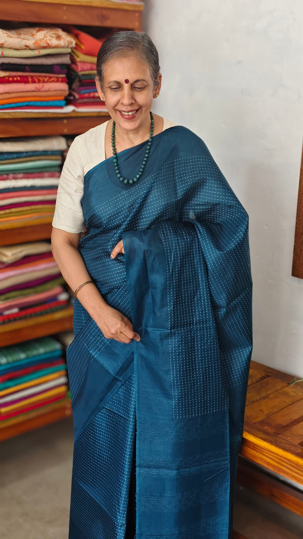 Classic Blue Lined Noil Tussar Silk Saree - 174D