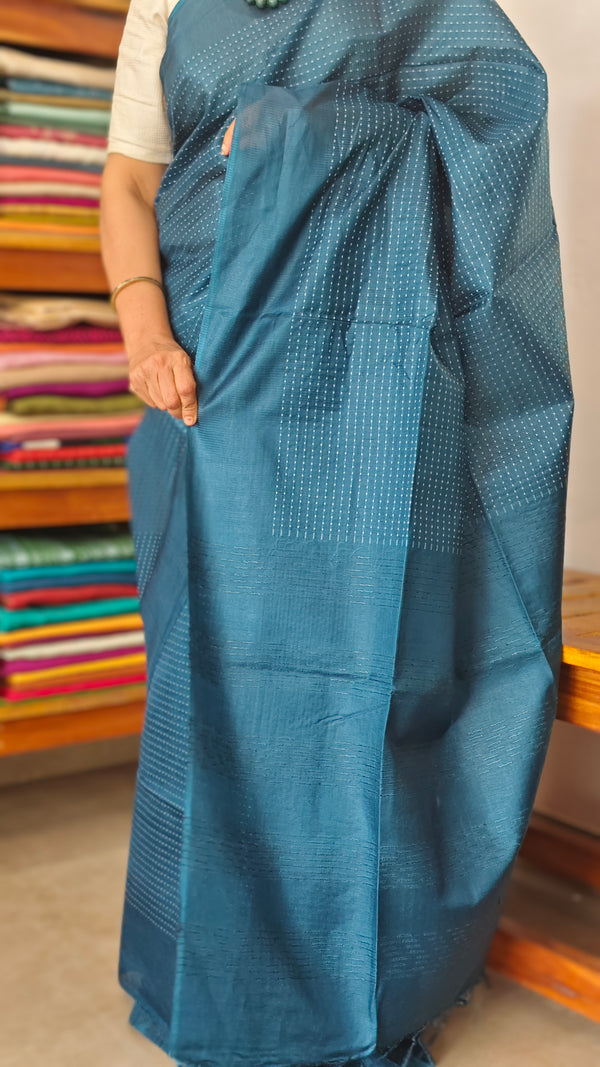 Classic Blue Lined Noil Tussar Silk Saree - 174D