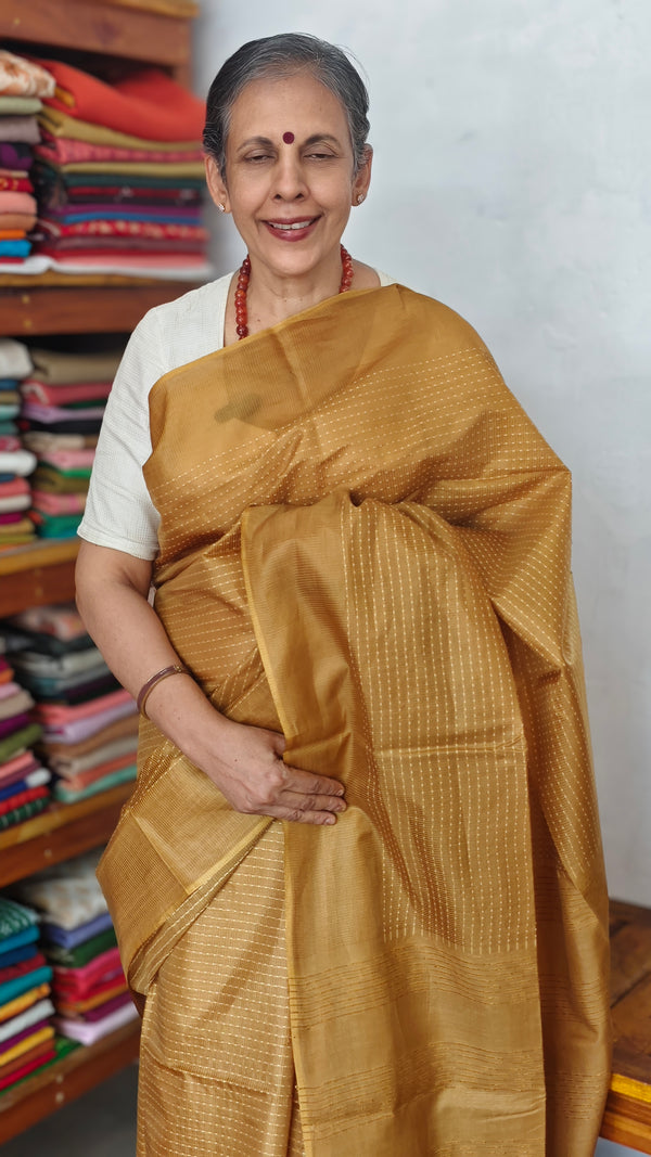 Mustard Lined Noil Tussar Silk Saree - 174D