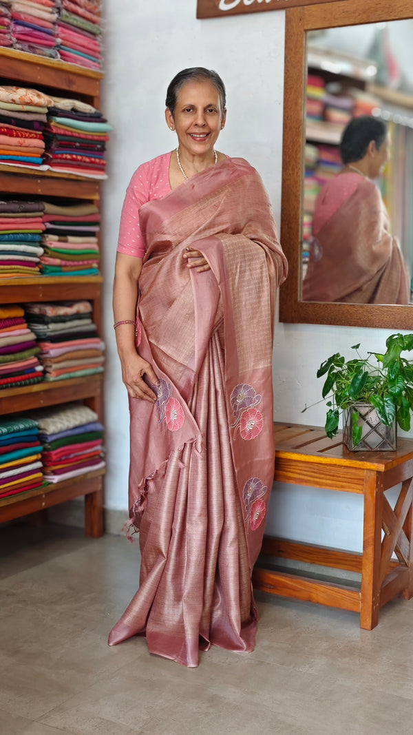 Nude Pink Tussar Silk Saree