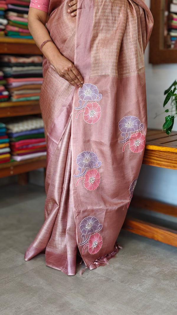 Nude Pink Tussar Silk Saree