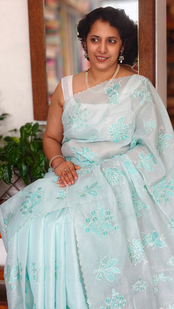 Light Blue Embroidered Kota Saree - RN233