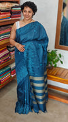 Classic Blue Lined Noil Tussar Silk Saree with Embroidery