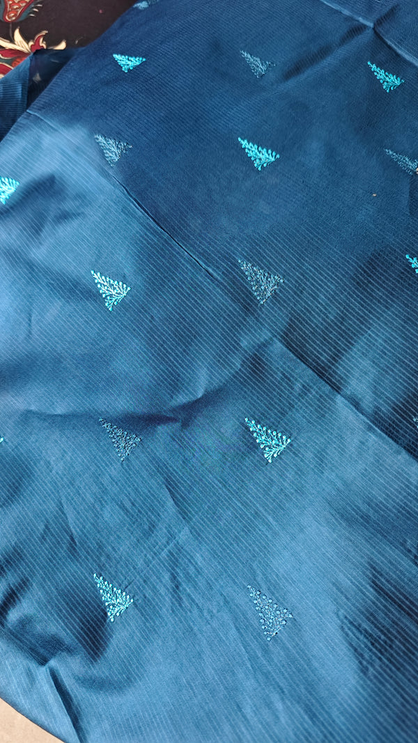 Classic Blue Lined Noil Tussar Silk Saree with Embroidery